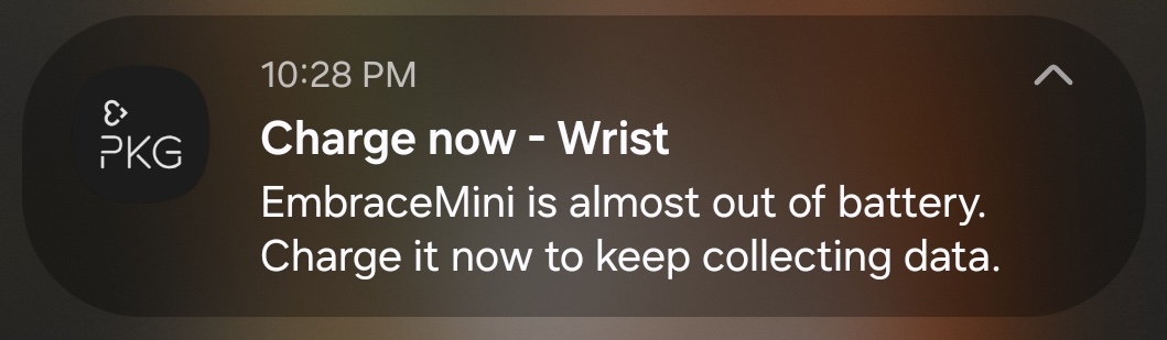 Charge now notification saying the wearable is almost out of battery