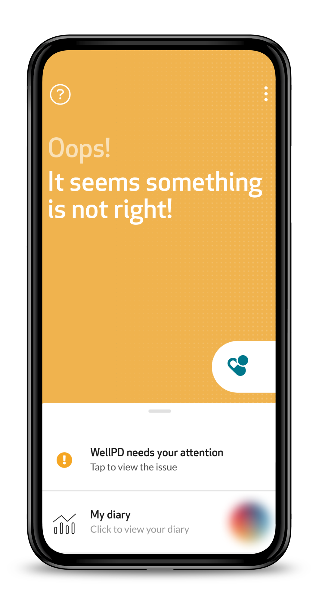 WellPD App main screen with a yellow background and the message WellPD needs your attention