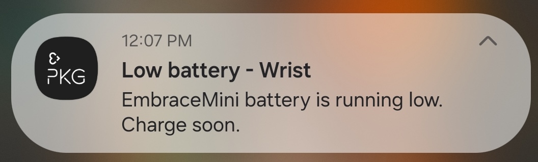 Low battery notification asking you to charge the wearable soon