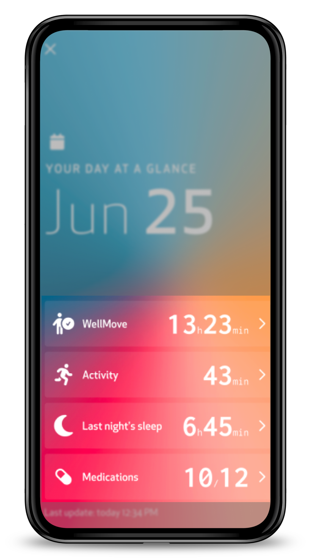 My Diary summary with the four tappable items at the bottom of the screen