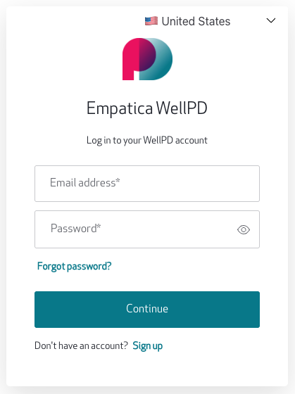 Empatica WellPD login page with the Email address and Password fields and the Continue button