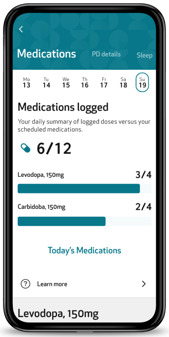 Medications screen with the doses logged versus scheduled for each medication