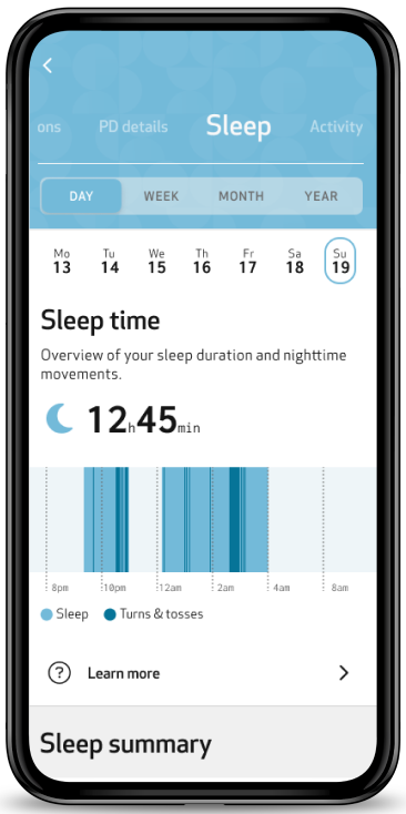 Sleep screen, Day view, with sleep time and turns and tosses during the night