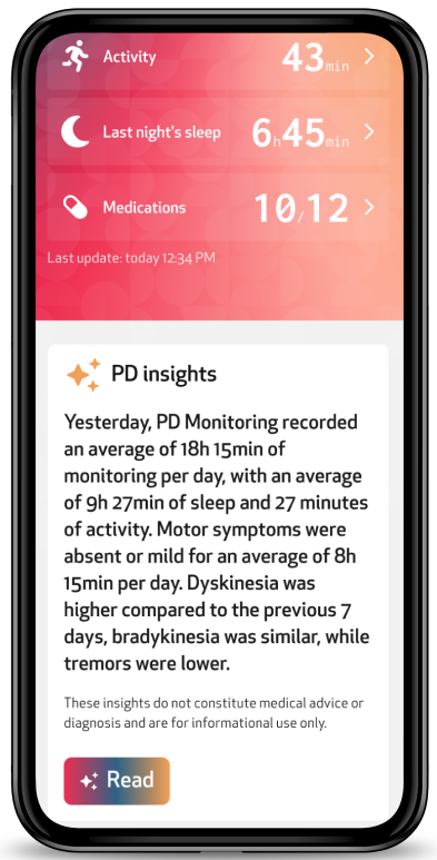 PD insights card below Your day at a glance, with a short AI-generated summary of the previous day and the Read button