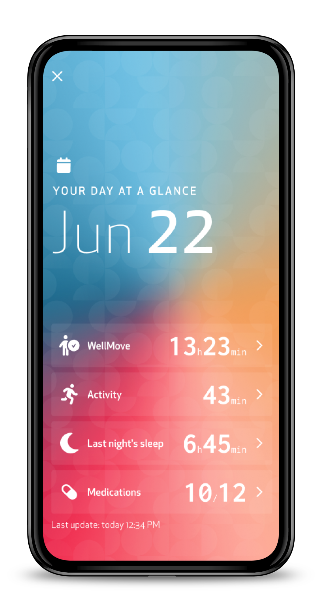 My Diary daily view: Your day at a glance, with WellMove, Activity, Last night's sleep and Medications