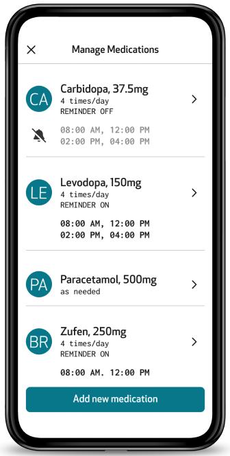 Manage Medications screen with each medication's dosage, intake times and reminder status, and the Add new medication button