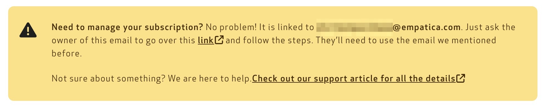 Yellow box in the WellPD account saying the subscription is linked to another email address