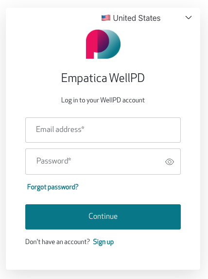 WellPD account login page with the Email address and Password fields and the Continue button