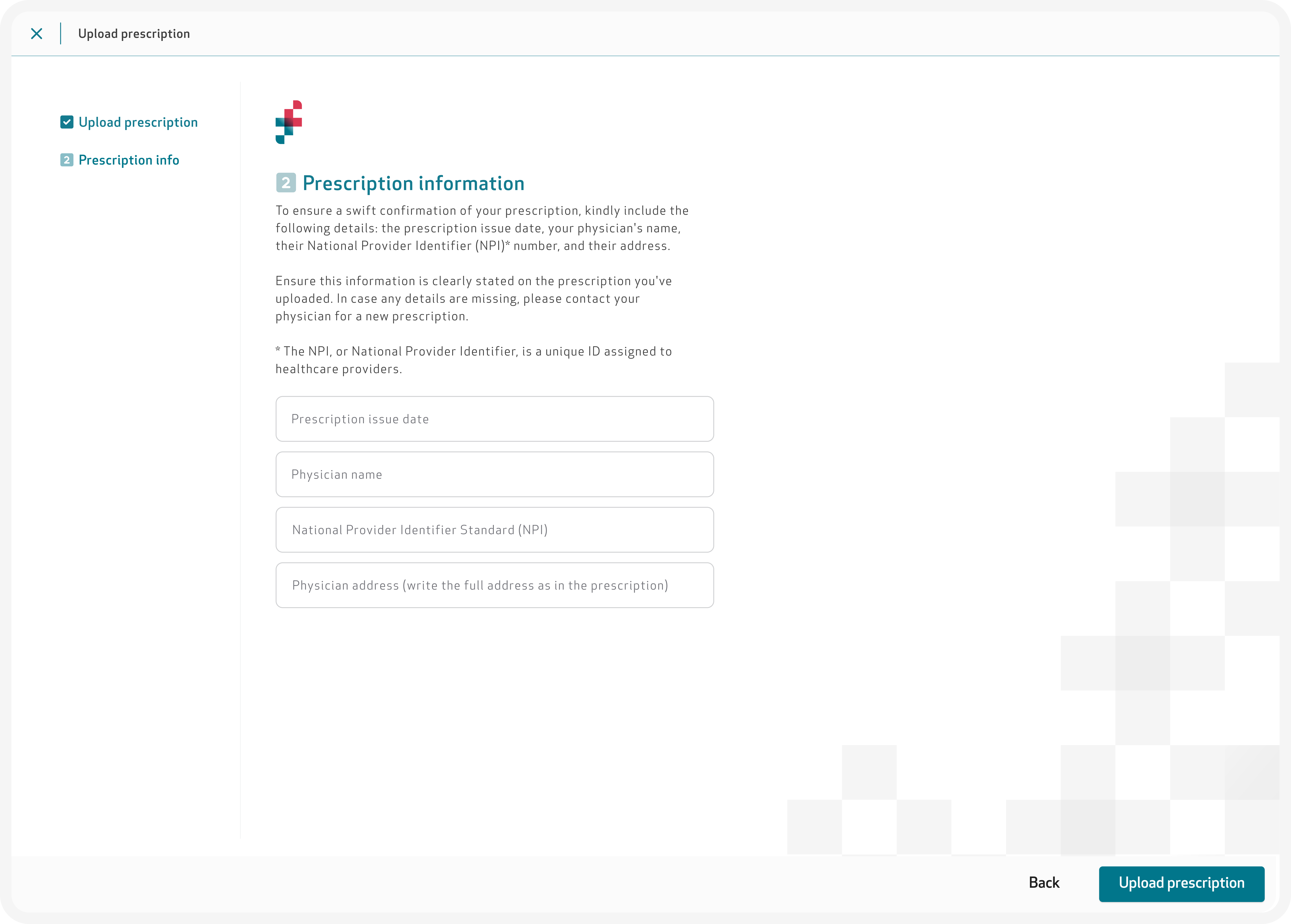 Prescription information form with the prescription issue date, physician name, NPI and physician address fields and the Upload prescription button