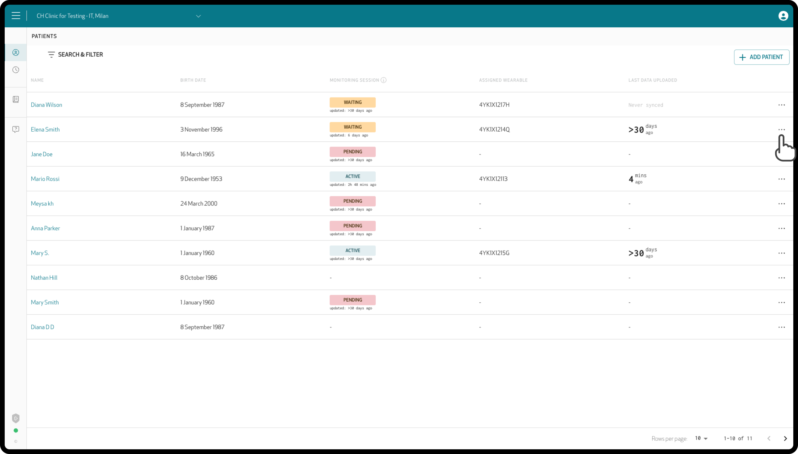 Patients list with the three dots at the end of a patient's row