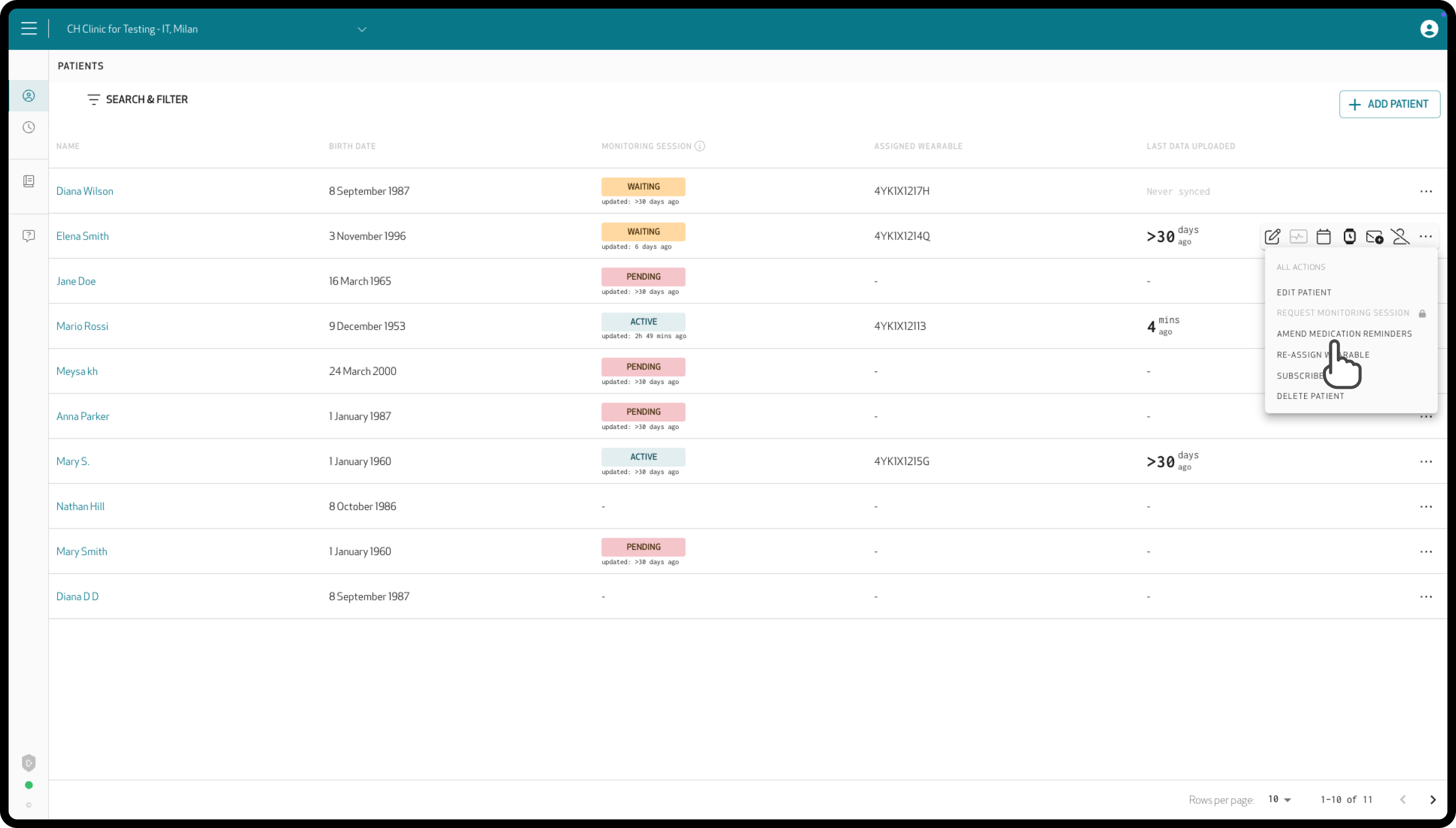 Actions menu of a patient row with Amend Medication Reminders selected