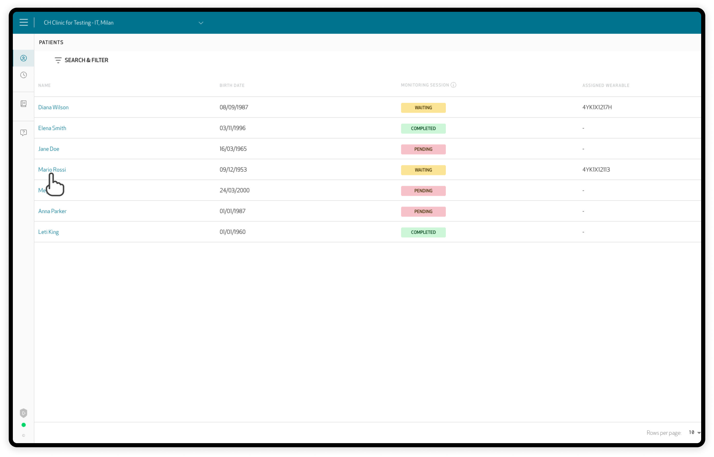Care Portal patient list, with the pointer on a patient name