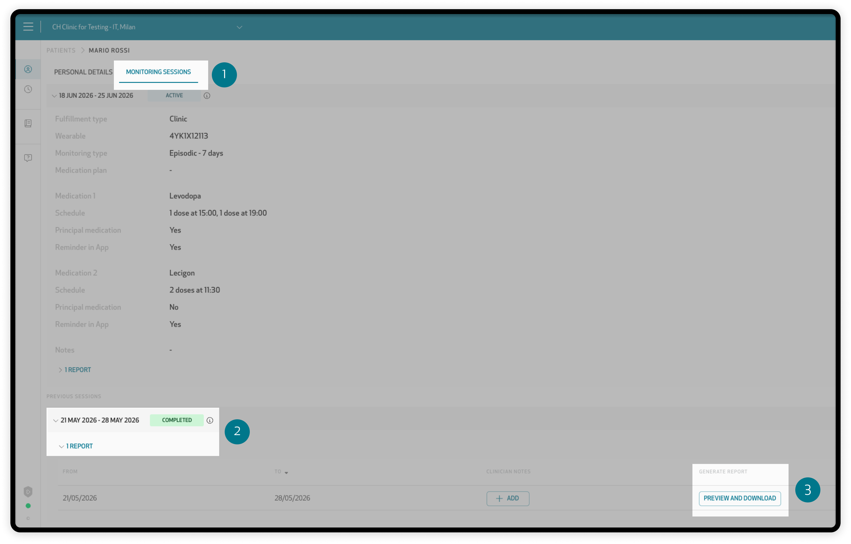 Patient page with the Monitoring Sessions tab, a completed session and the Preview and Download button highlighted