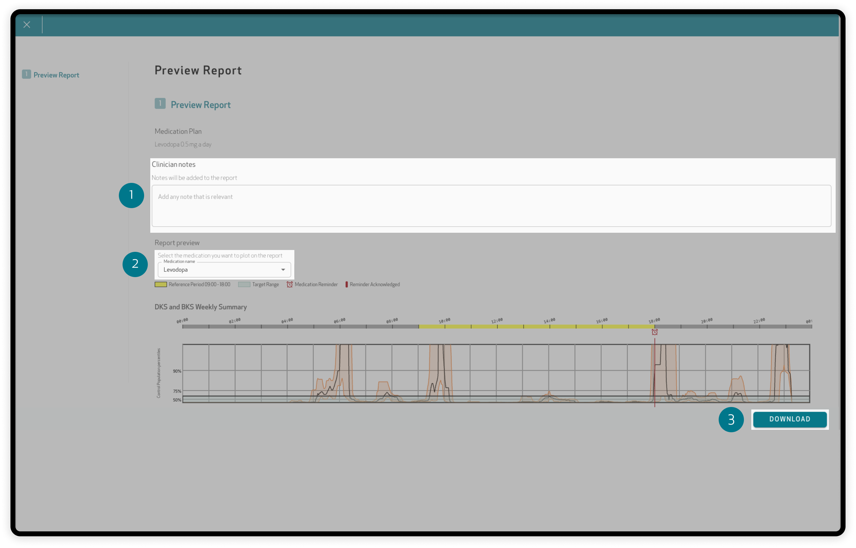 Preview Report page with the Clinician notes field, the Medication name drop-down menu and the Download button highlighted