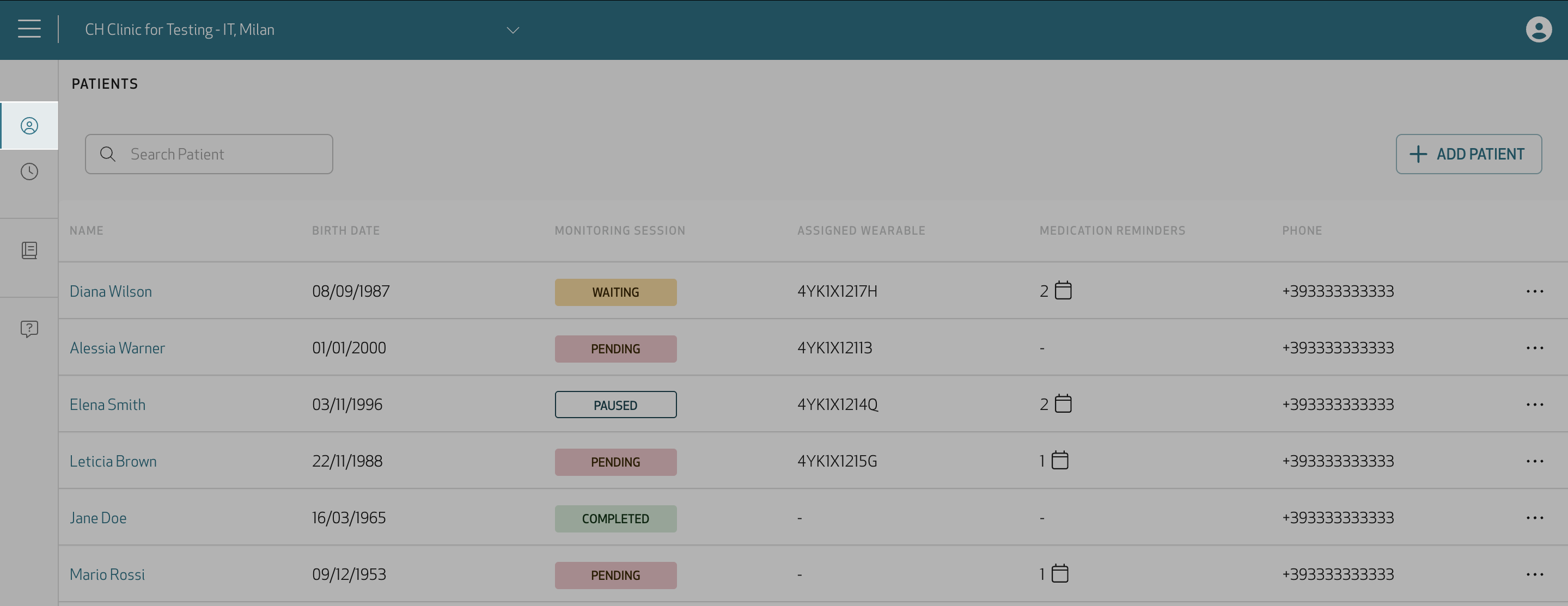 Care Portal Patients page showing the list of patients with their name, birth date, monitoring session status, assigned wearable, medication reminders and phone