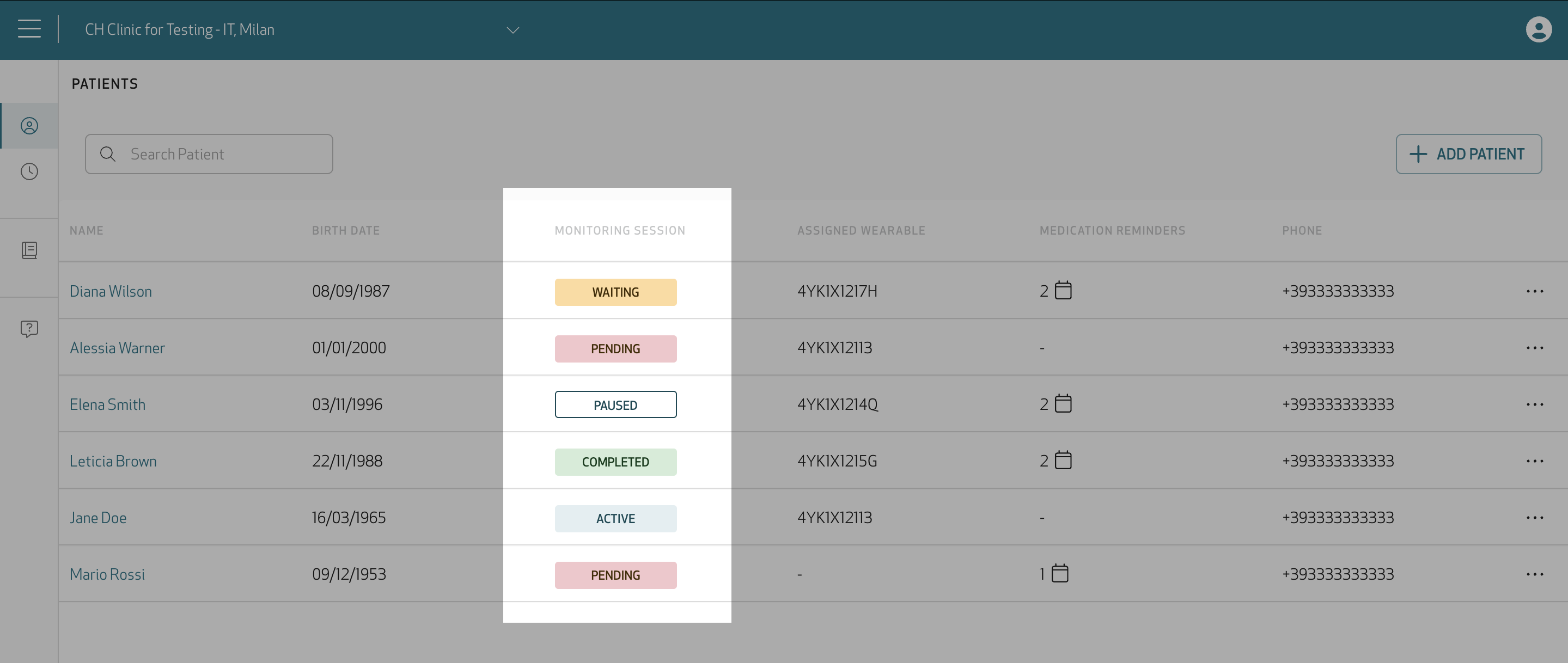 Care Portal Patients page with the Monitoring Session column highlighted, showing status labels such as Waiting, Pending, Paused, Completed and Active