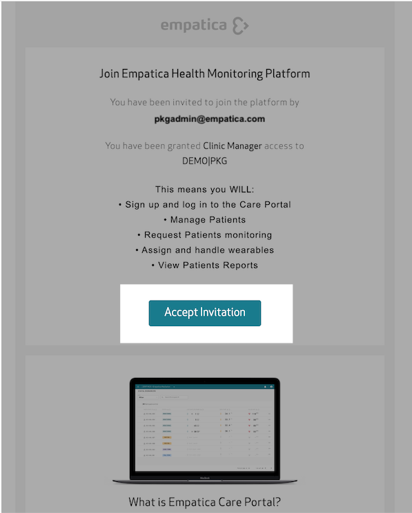 Invitation email with the Accept Invitation button highlighted