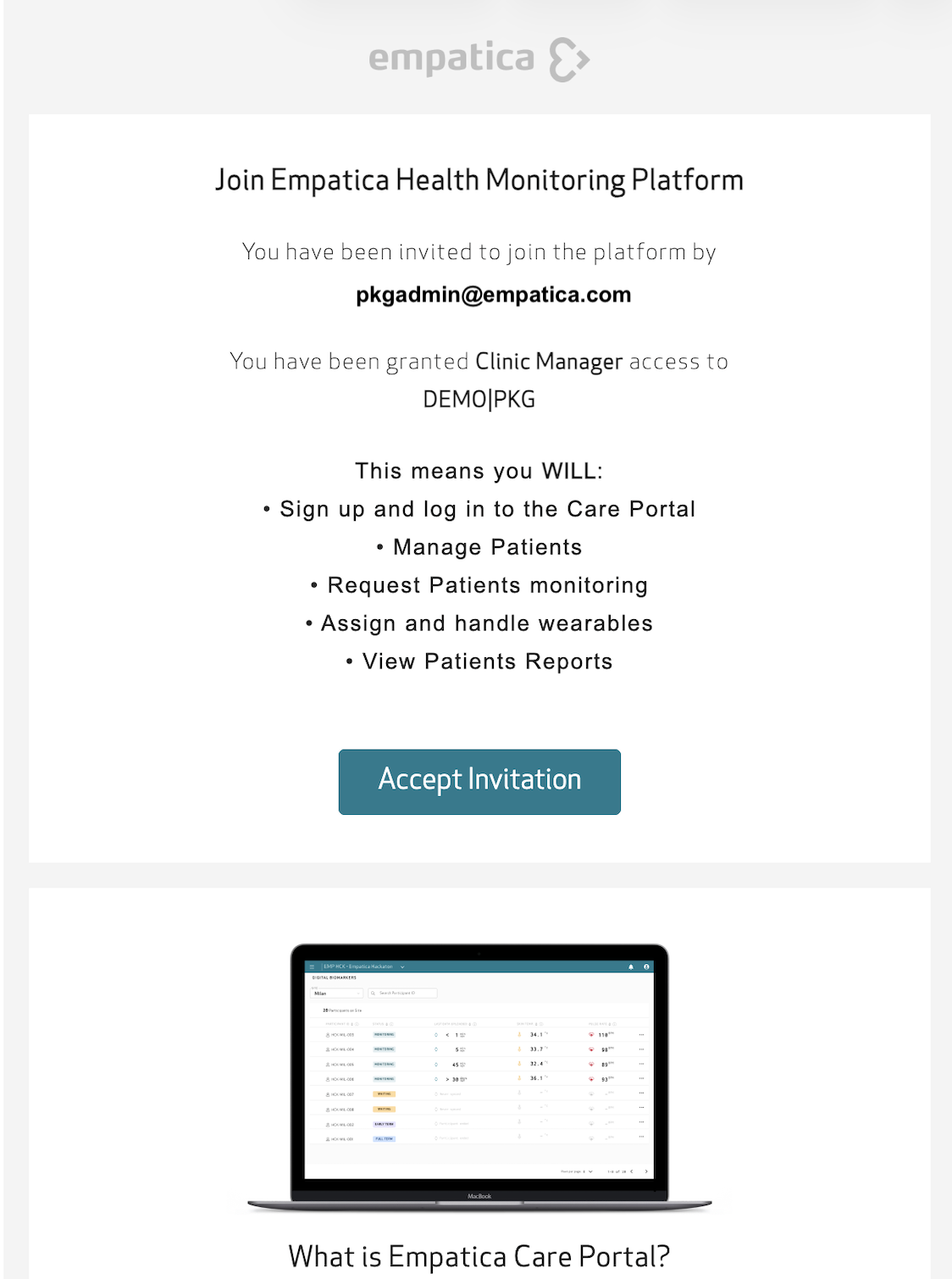 Invitation email to join the Empatica Health Monitoring Platform, showing the clinic you were invited to, your access level and the Accept Invitation button