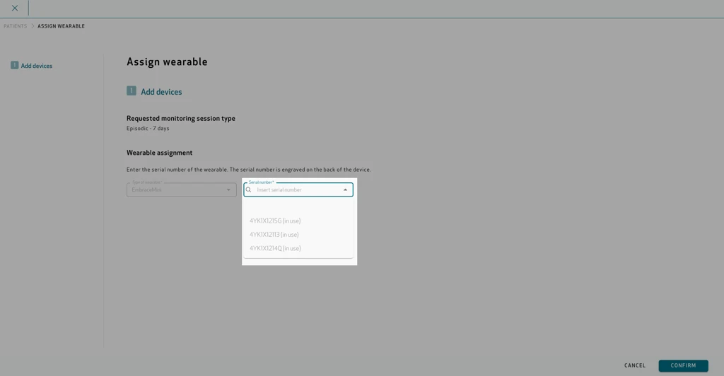Care Portal Assign wearable page with the Serial number list open and every serial number greyed out and marked (in use)