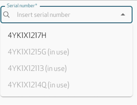 Serial number list in which an available serial number is shown in black and the serial numbers already assigned are greyed out and marked (in use)