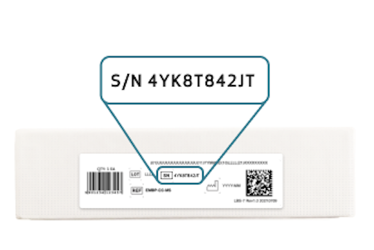 Side label of the device box with the serial number (SN) highlighted