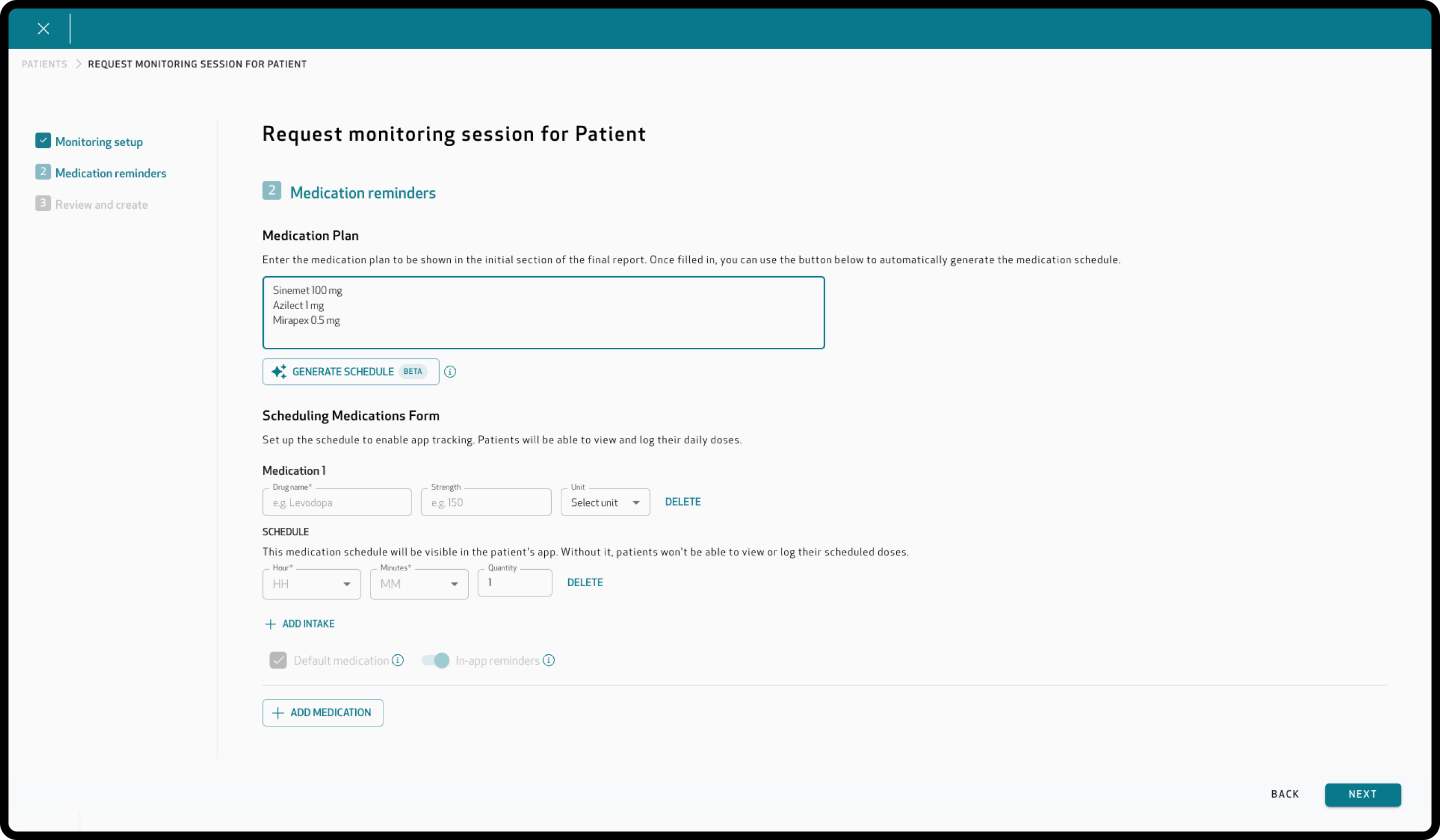 Medication reminders step: Medication Plan field, Generate schedule (Beta) button and the form to schedule each medication
