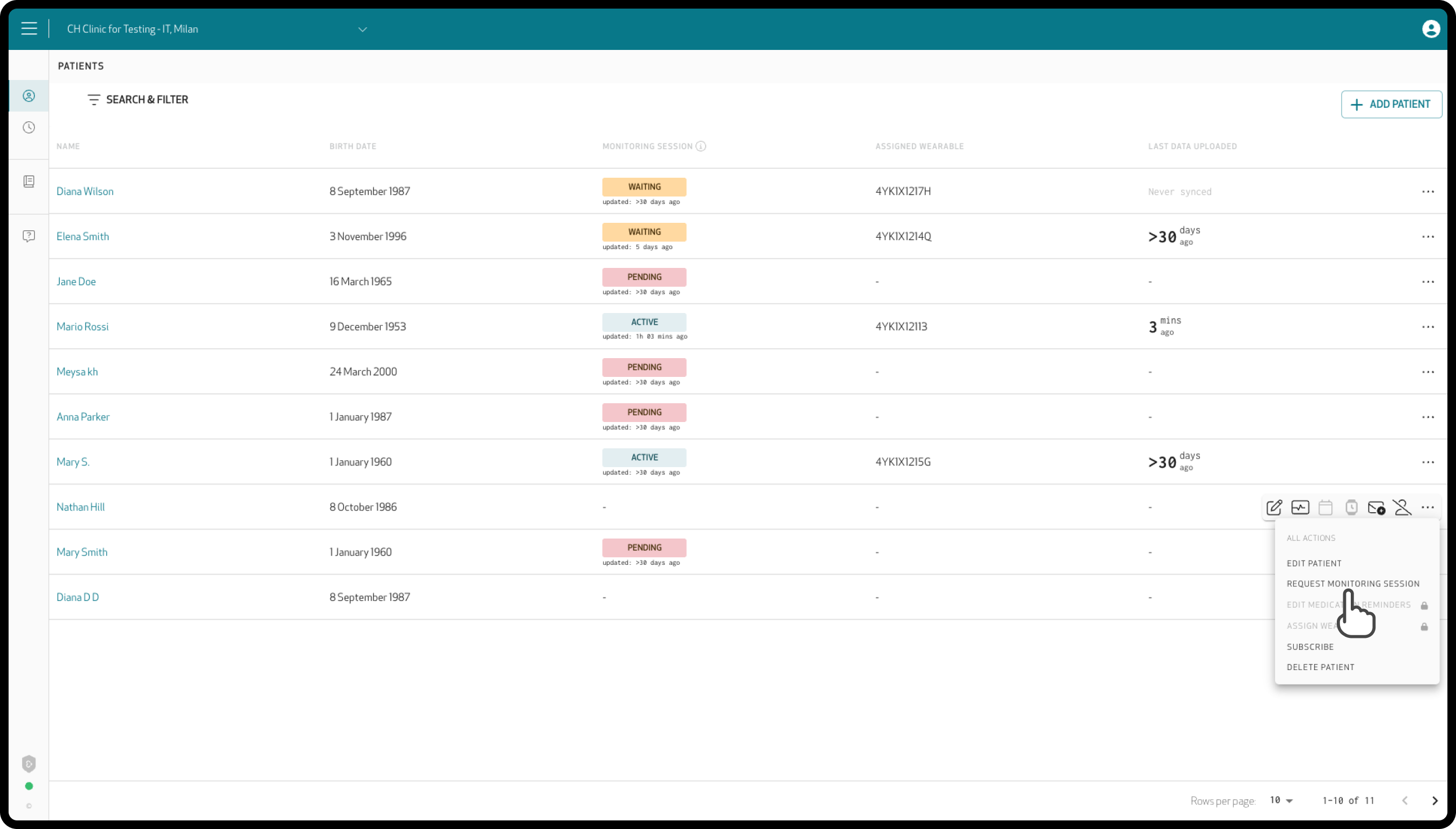 Actions menu opened from the three dots of a patient's row, with Request monitoring session highlighted
