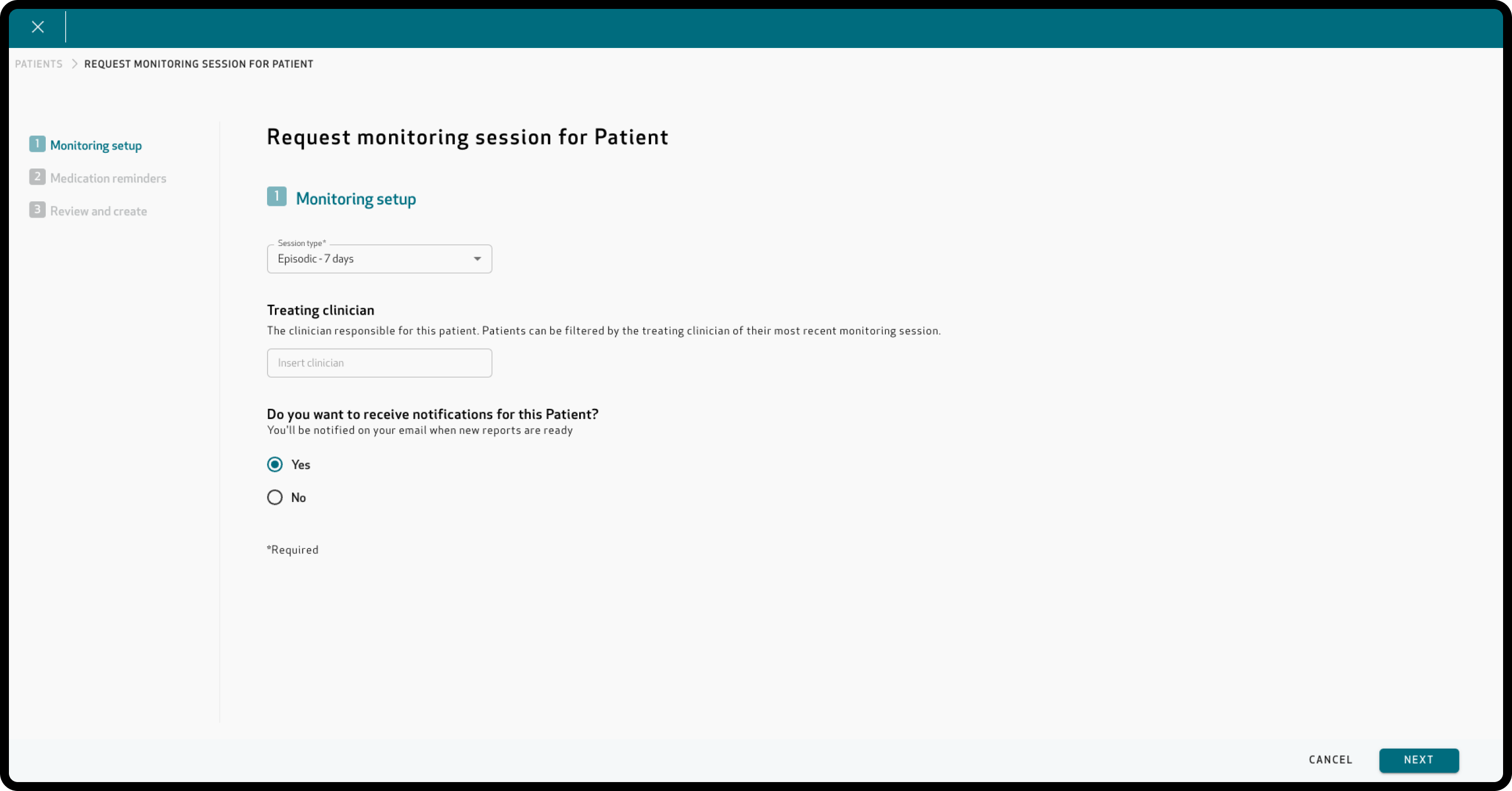 Monitoring setup step: Session type, Treating clinician field and email notification choice (Yes or No)