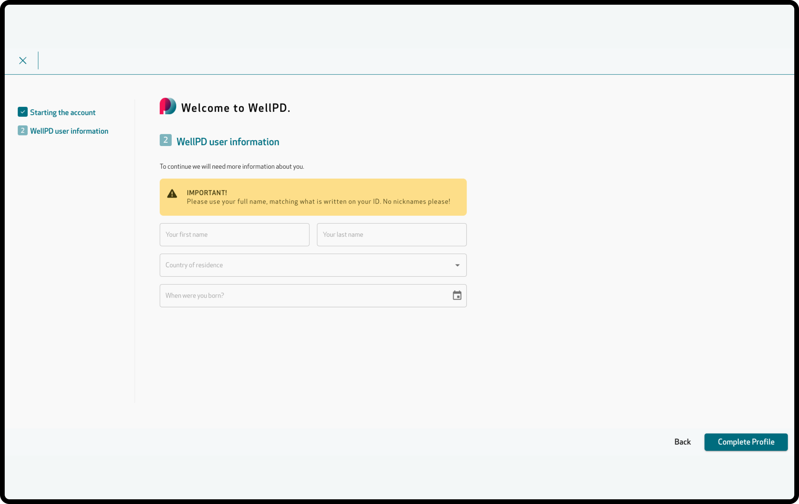 WellPD user information form with first and last name, country of residence and date of birth