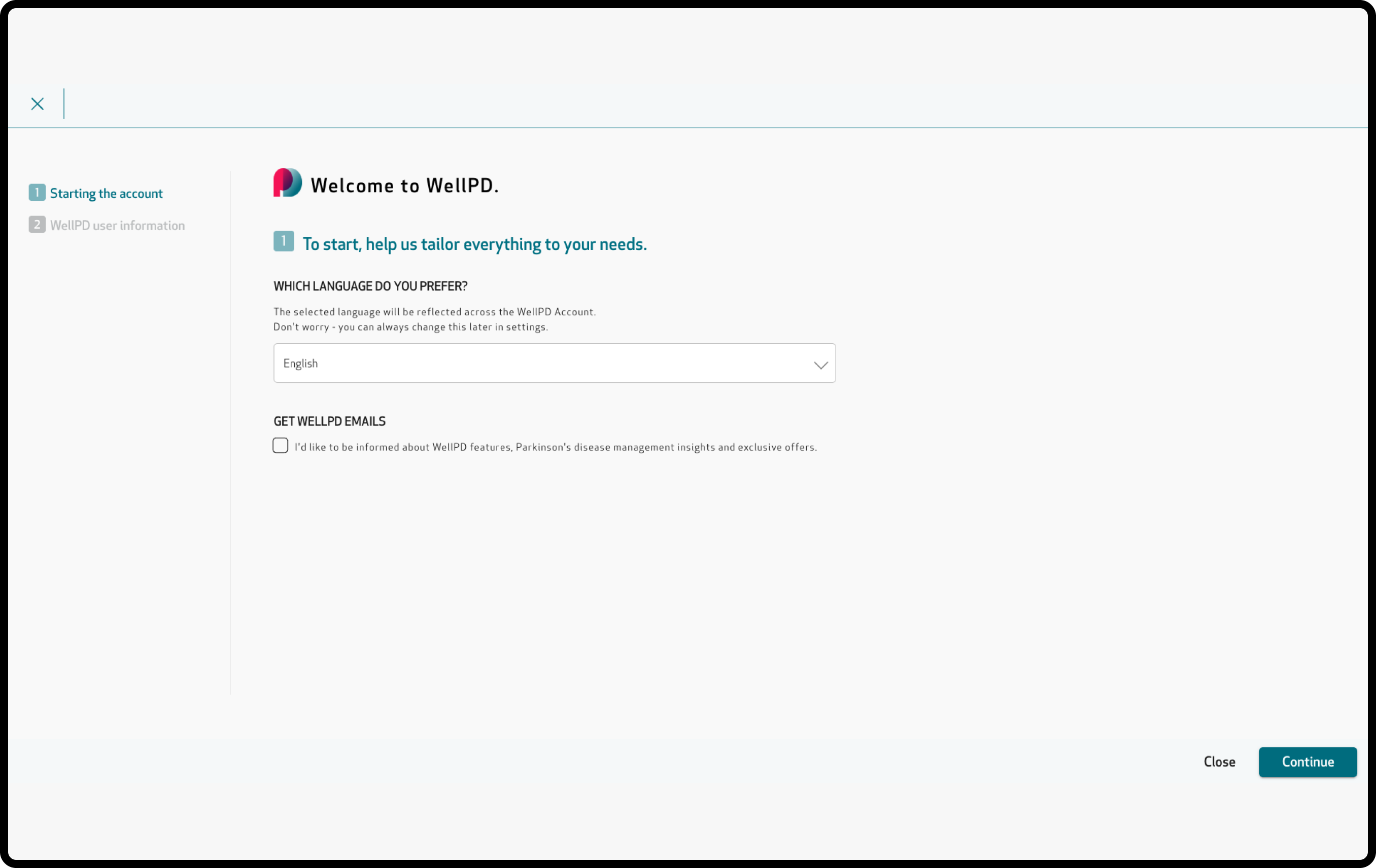 Welcome to WellPD page with the language selection and the Continue button