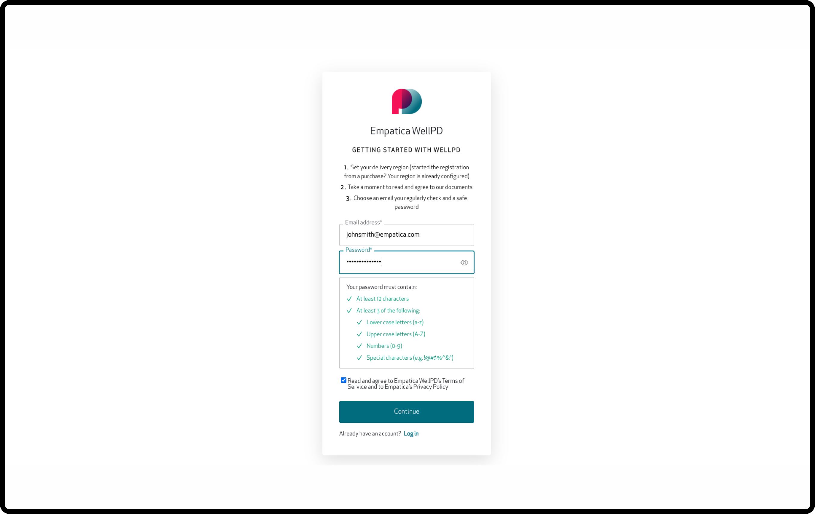 Registration form with email address, password requirements and the Continue button