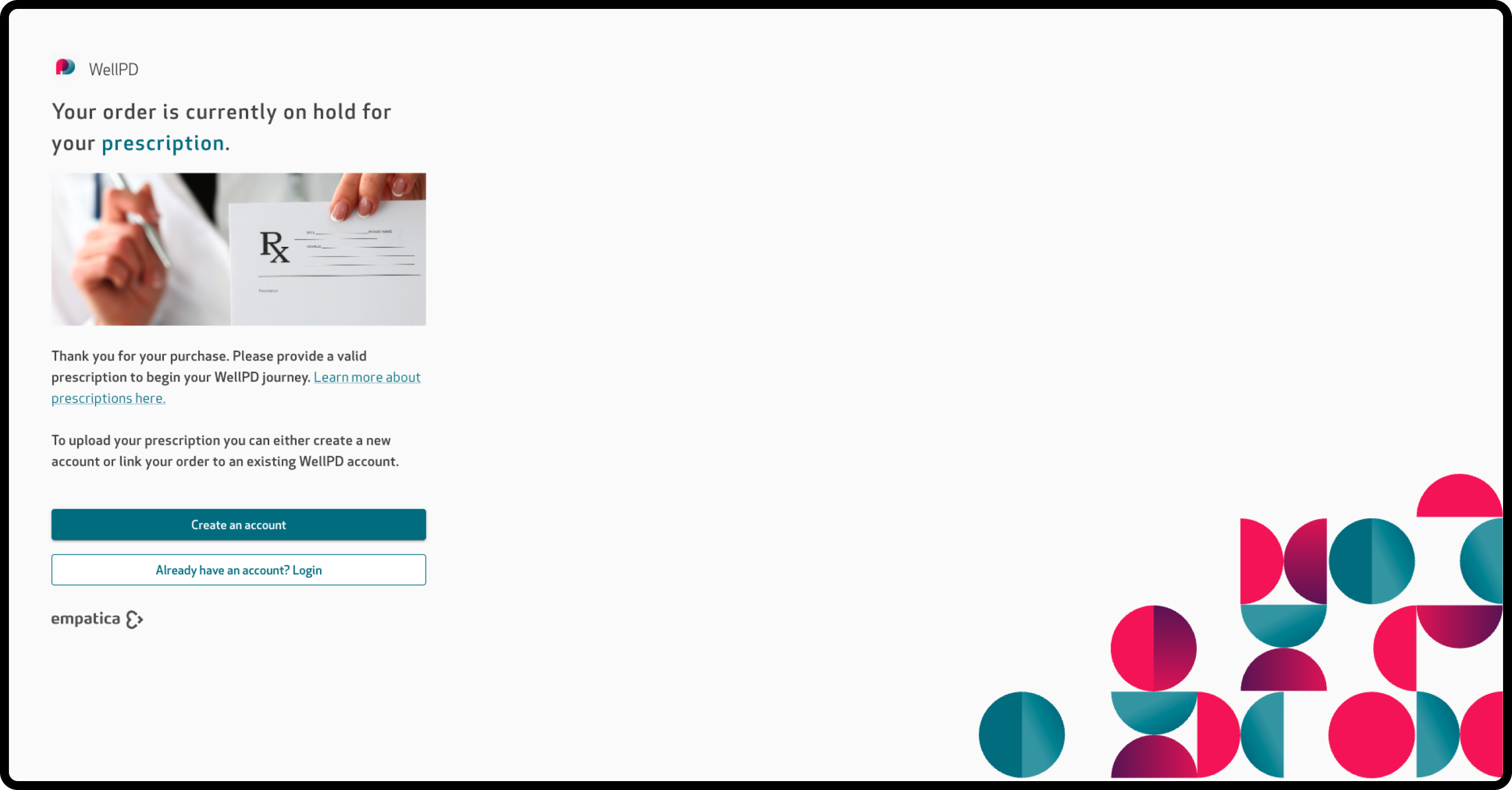 Your order is currently on hold for your prescription page with the Create an account button
