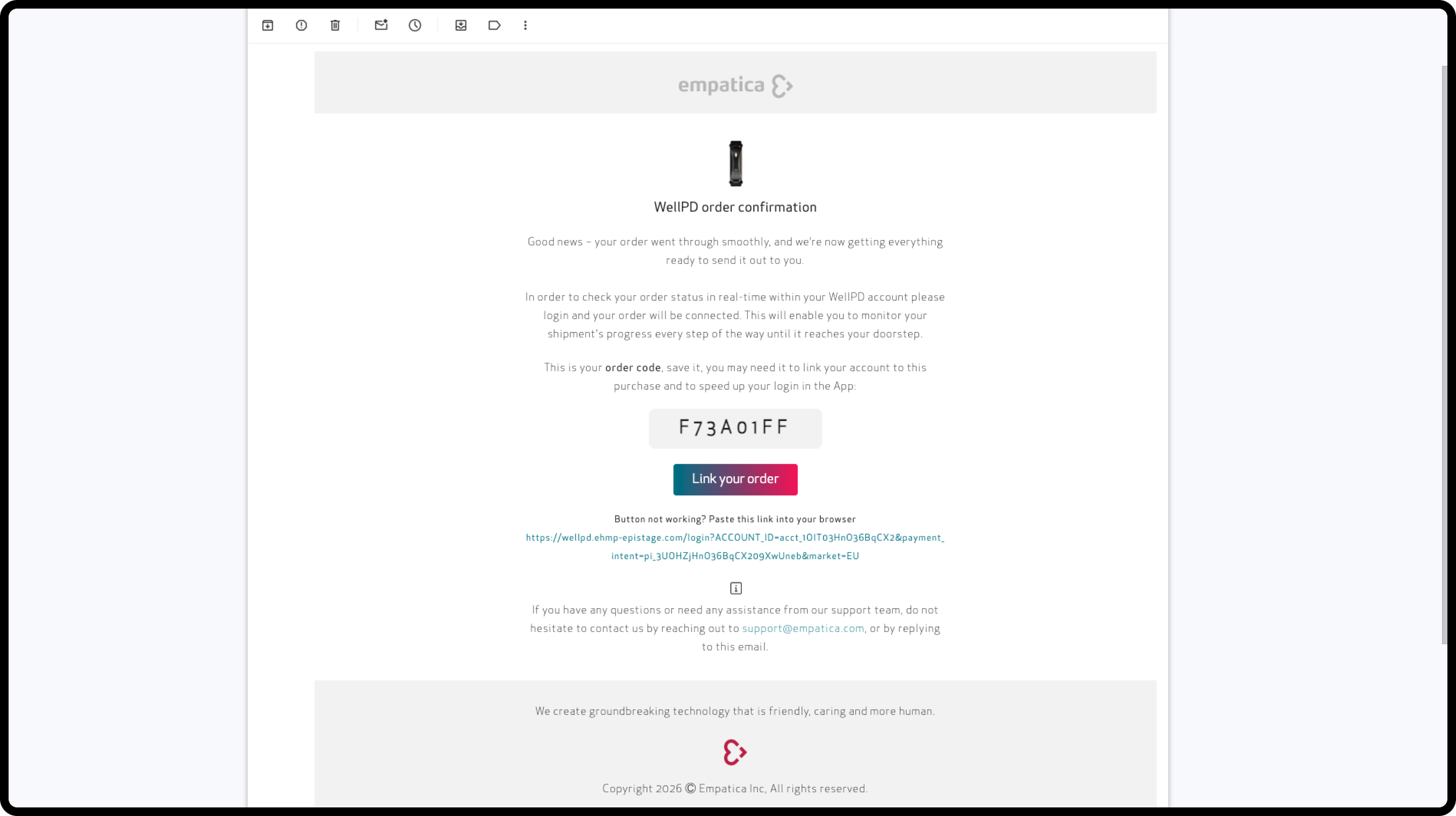WellPD order confirmation email with the order code and the Link your order button