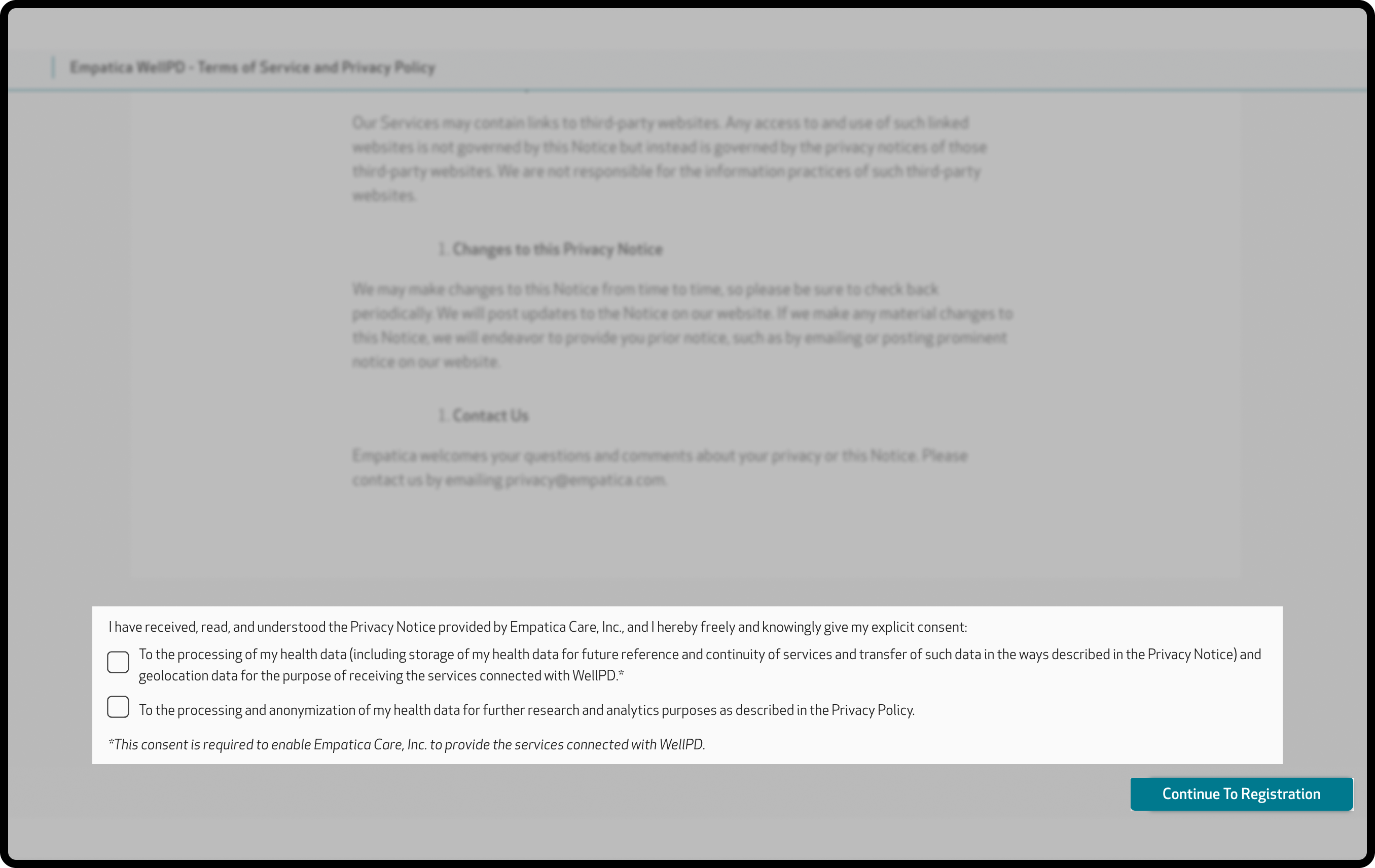 Terms of Service and Privacy Policy with the two consent boxes and the Continue To Registration button