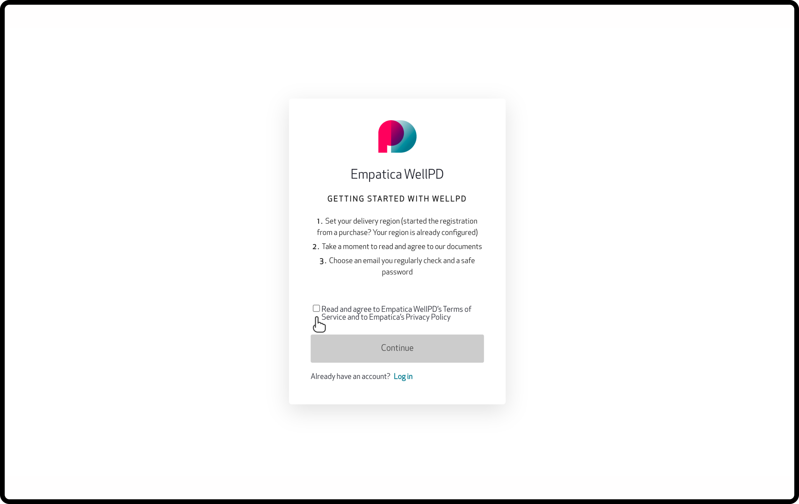 Getting started with WellPD page with the Terms of Service and Privacy Policy checkbox