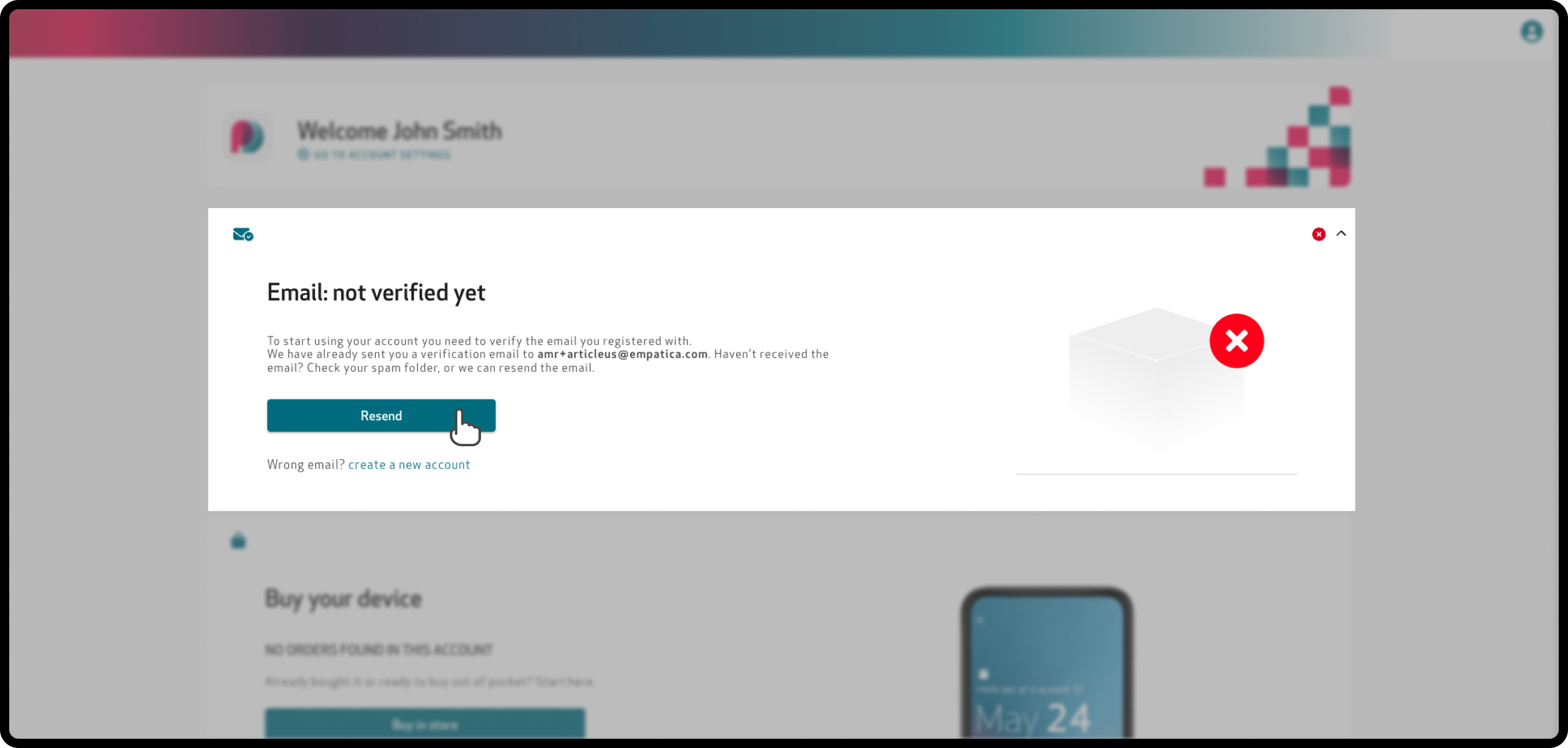 WellPD account page with the Email: not verified yet section and the Resend button