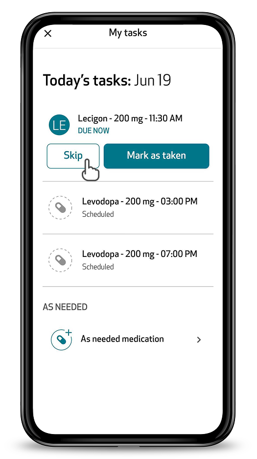 My tasks page with a medication due now and the Skip button