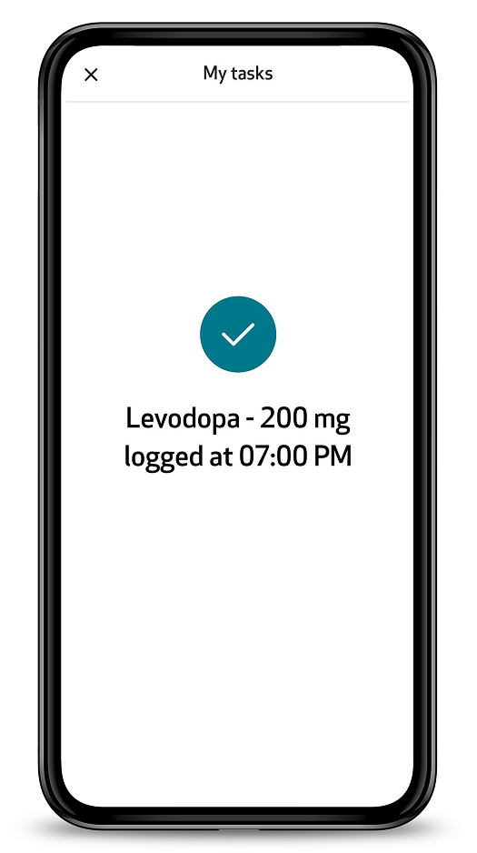 Confirmation message: Levodopa - 200 mg logged at 07:00 PM