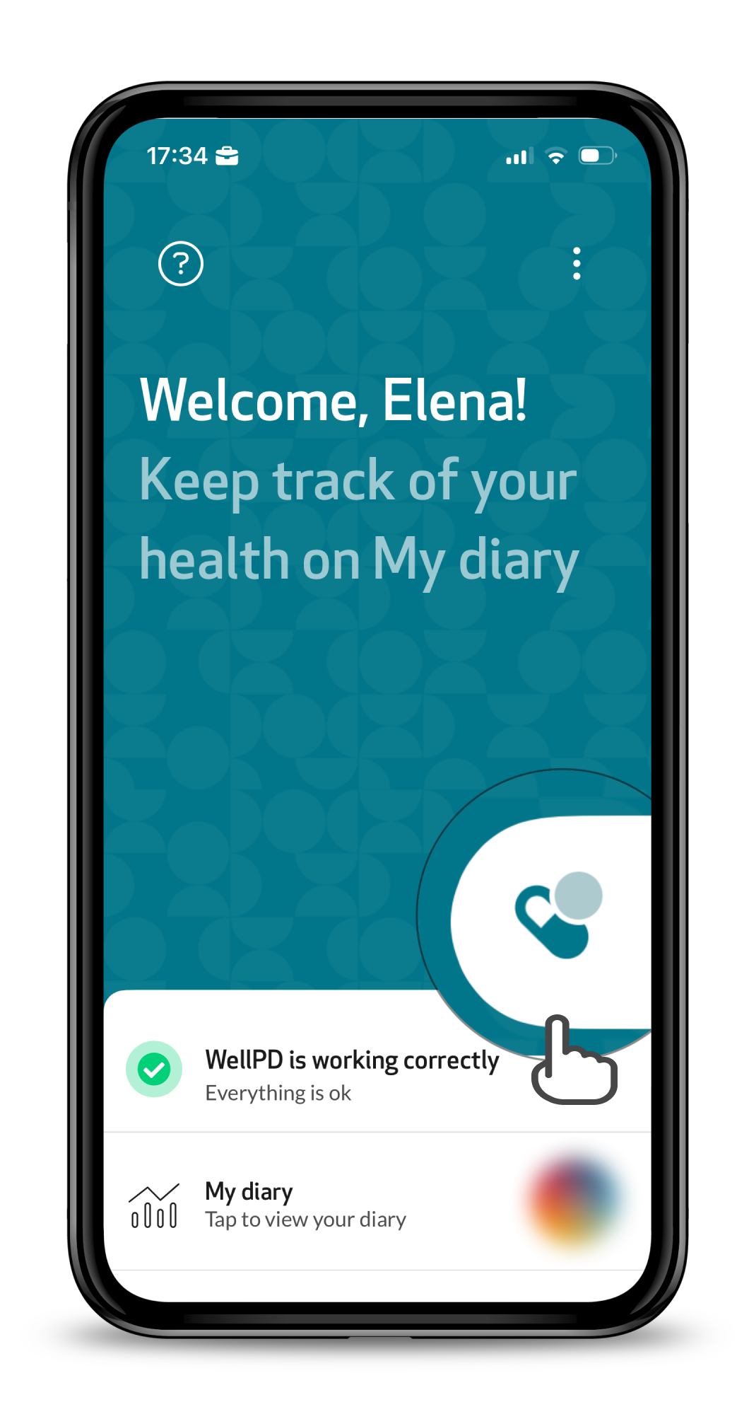WellPD App Home screen with the pill icon highlighted