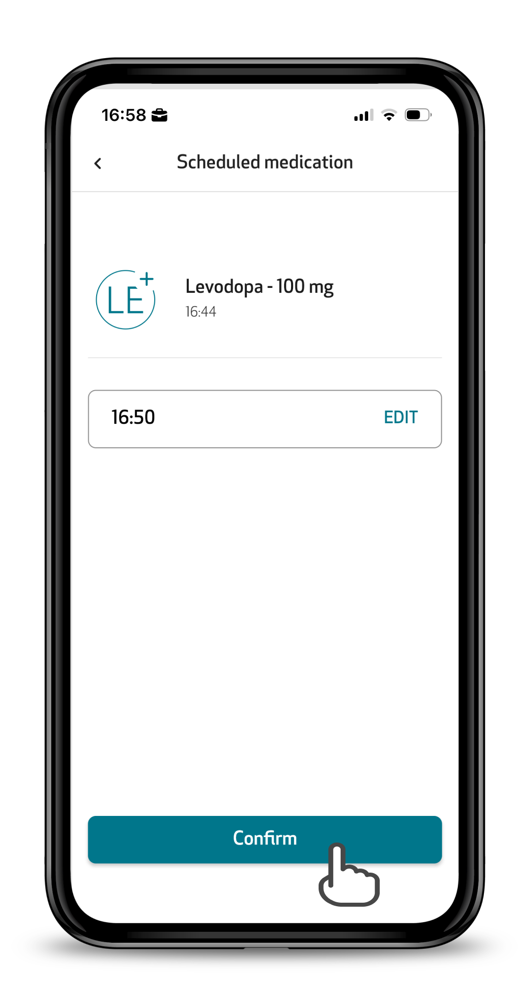 Scheduled medication screen with the Confirm button