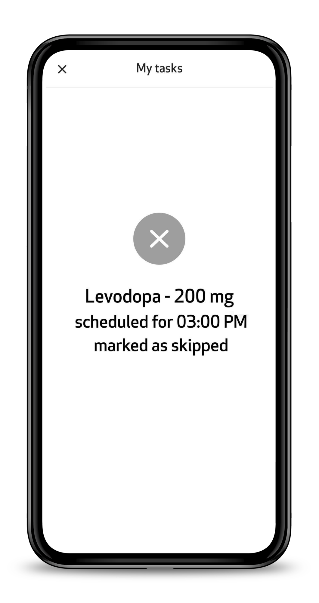 Confirmation message: Levodopa - 200 mg scheduled for 03:00 PM marked as skipped