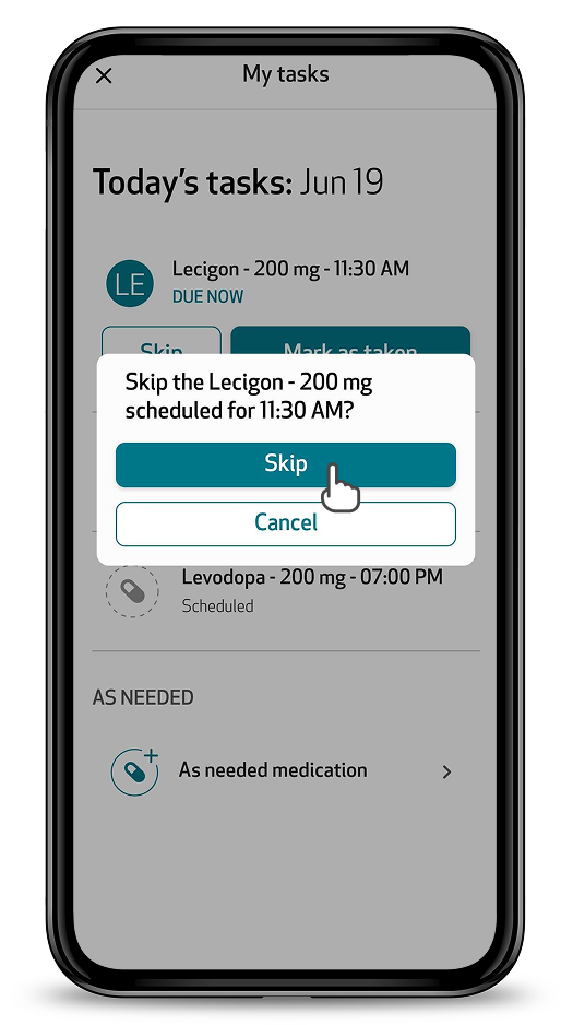 Confirmation window asking to skip the scheduled medication, with the Skip and Cancel buttons