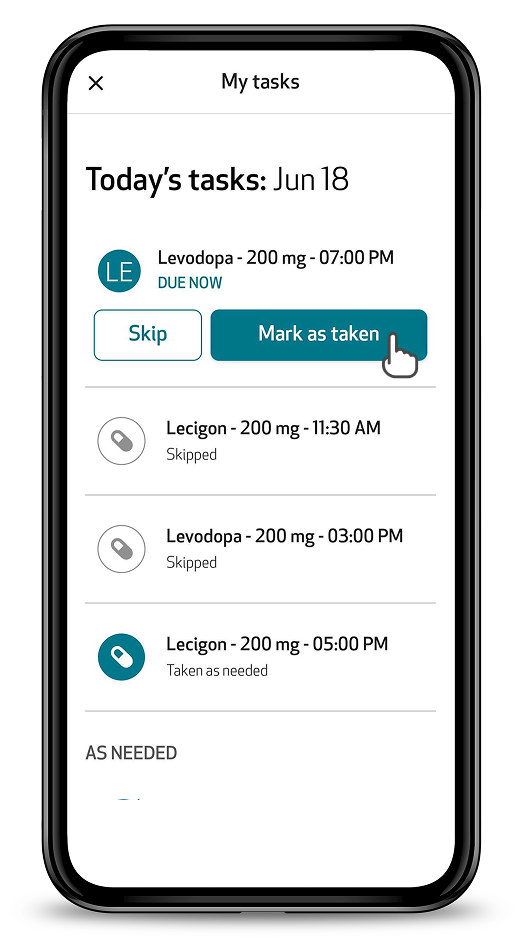 My tasks page with a medication due now and the Mark as taken button