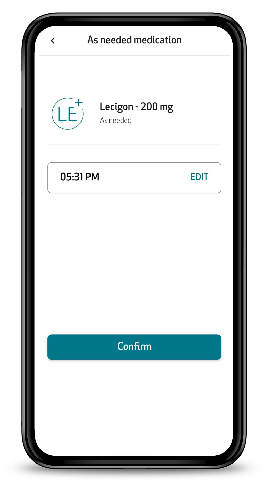 As needed medication screen with the intake time, the Edit button and the Confirm button