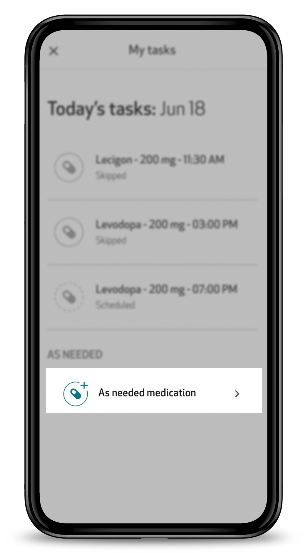 My tasks page with the As needed medication option highlighted