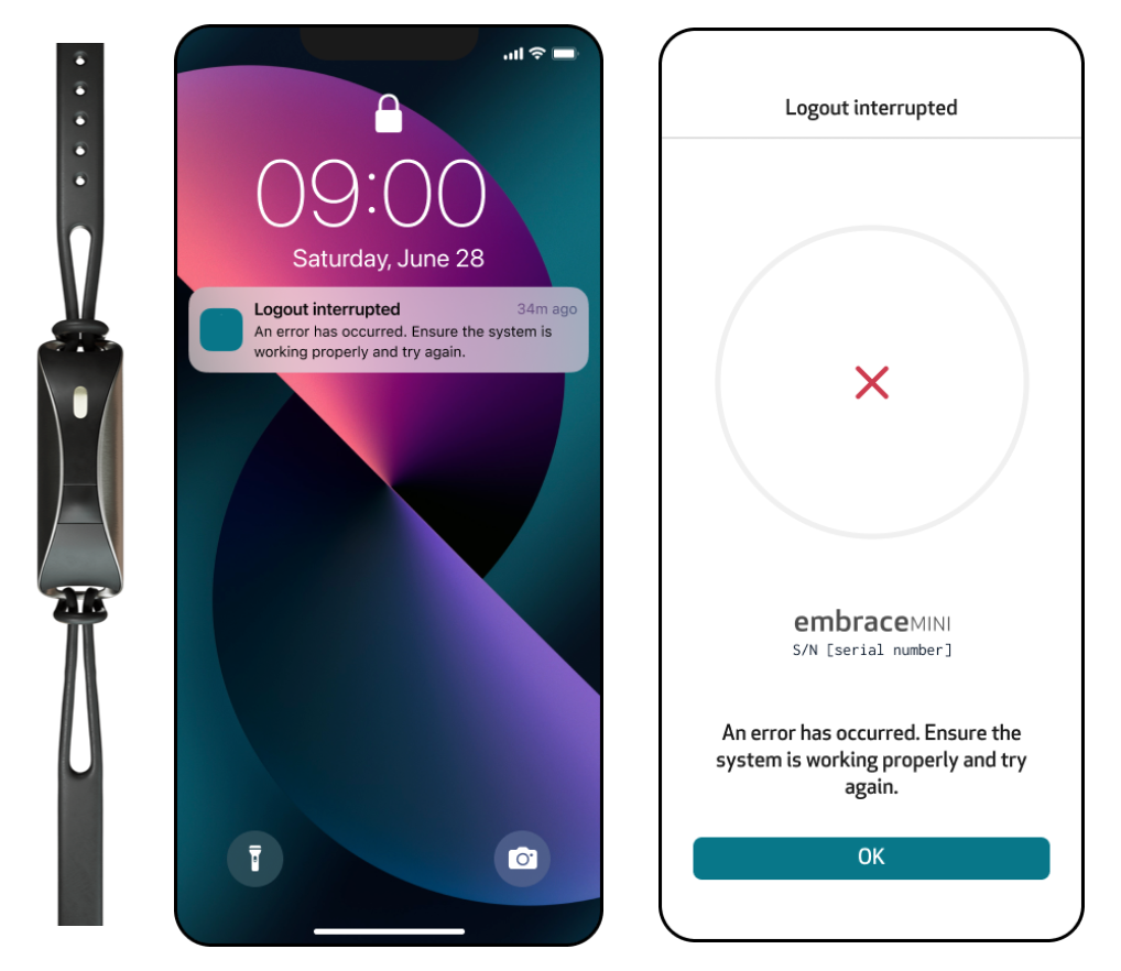 Logout interrupted notification and error screen with the OK button