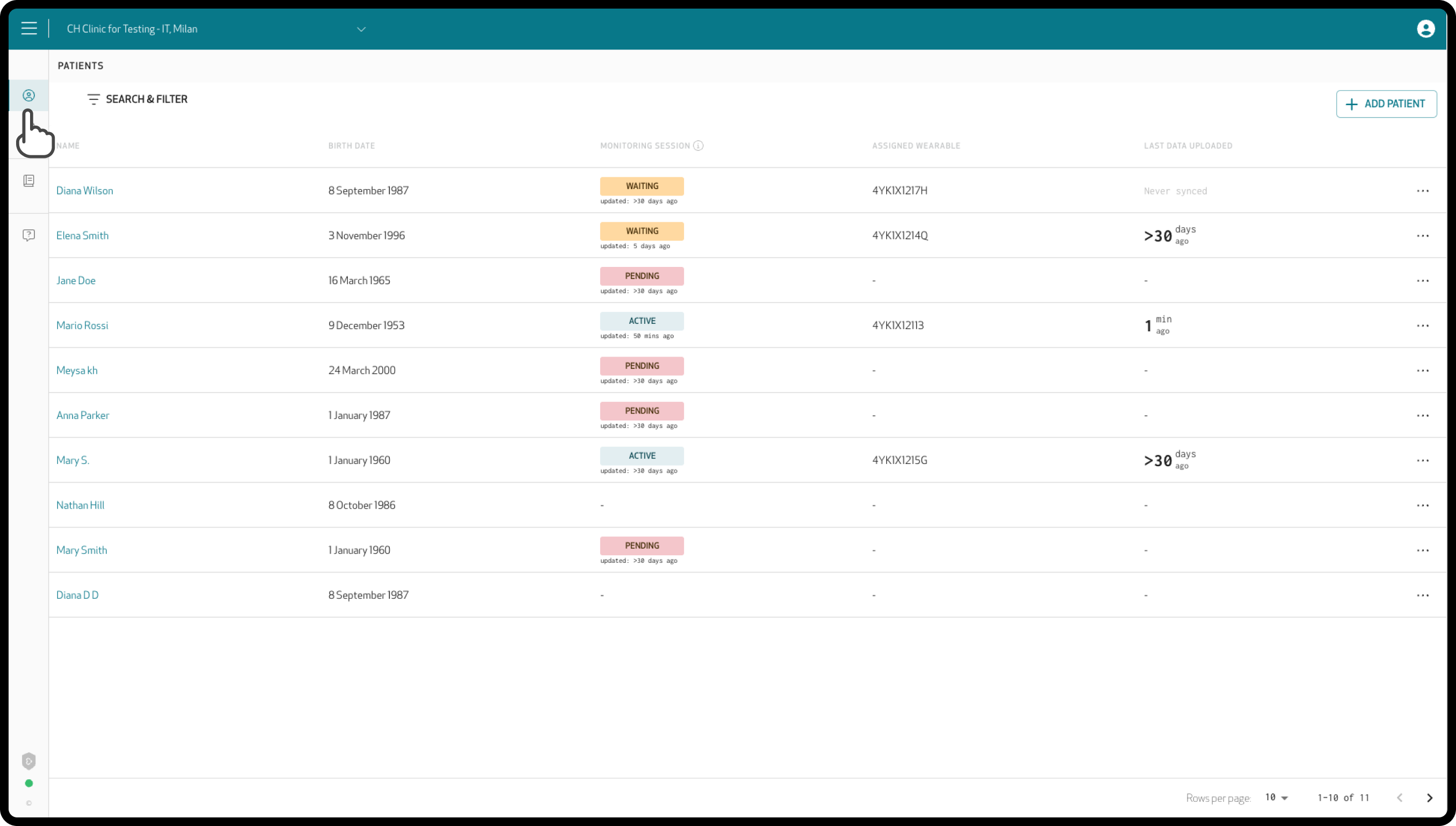Care Portal Patients list, with the Patients icon selected in the left menu
