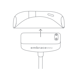 Drawing of the wearable being placed on its charger, with the charging pins facing the device contacts