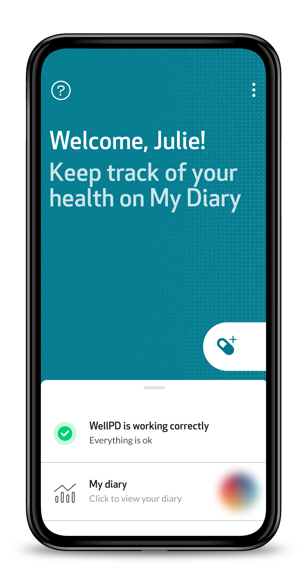 WellPD App main screen with a teal background and the message WellPD is working correctly