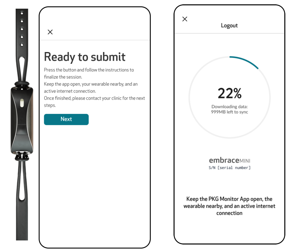 Ready to submit screen with the Next button, and the upload progress screen